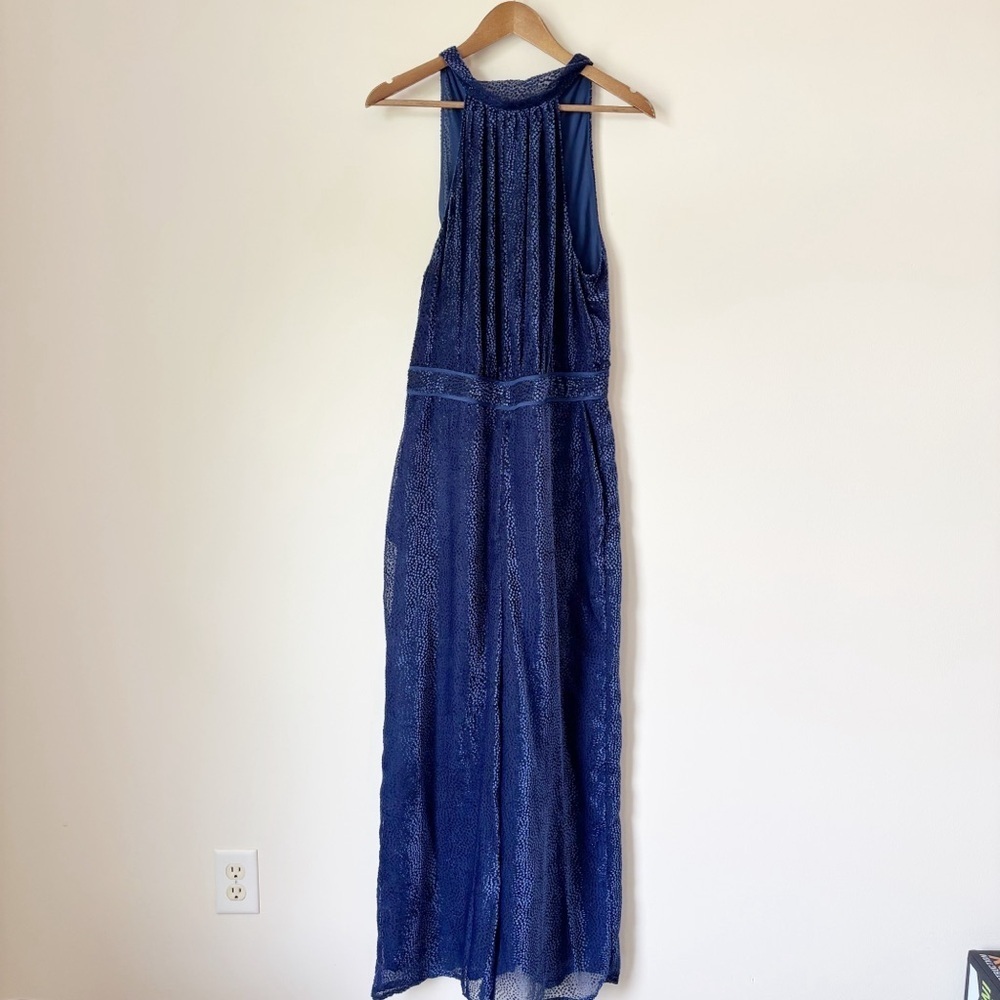 Elevenses Nova Blue Velvet Halter Jumpsuit Sz 10 Anthropologie - Picture 2 of 12